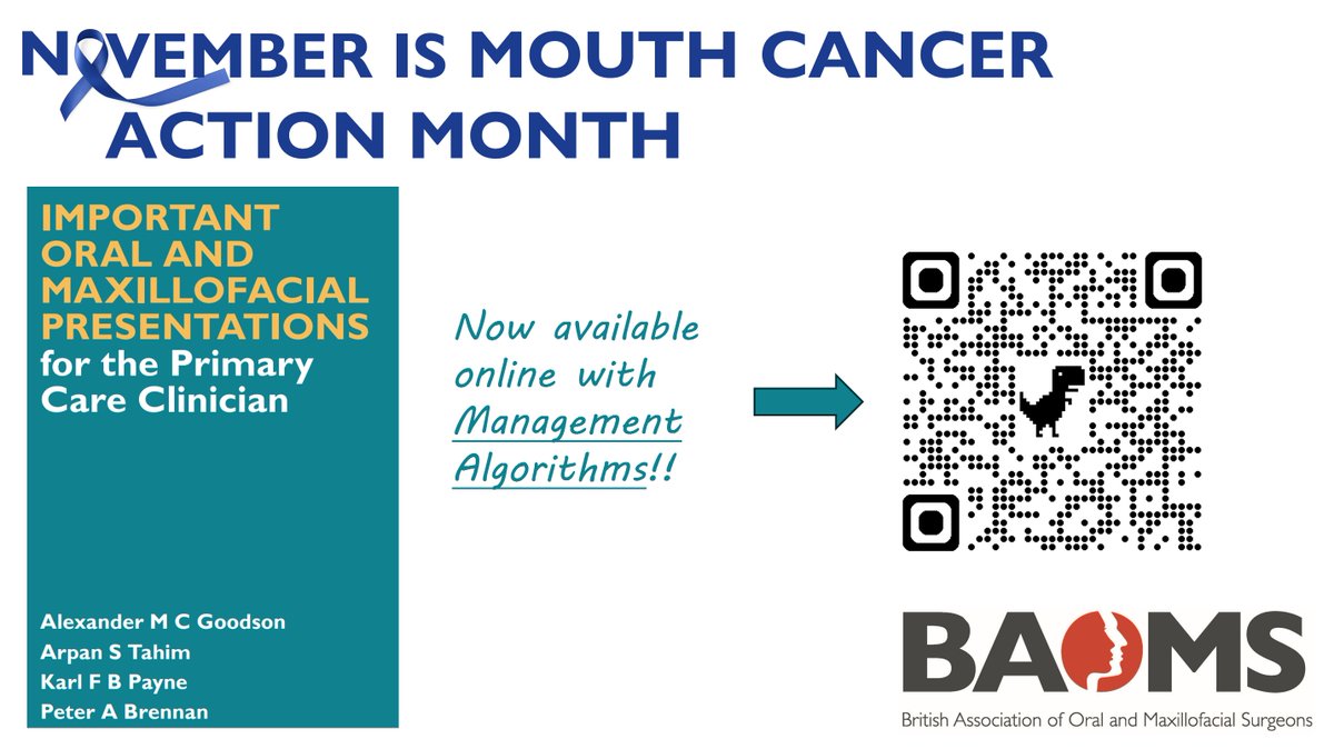 BAOMSOfficial's tweet image. November is Mouth Cancer Action Month.
@BAOMSOfficial has re-released its book on #OMFS conditions presenting in #GeneralPractice with accompanying Management Algorithms:
baoms.org.uk/professionals/…
#GP #Dentist #MouthCancerAction