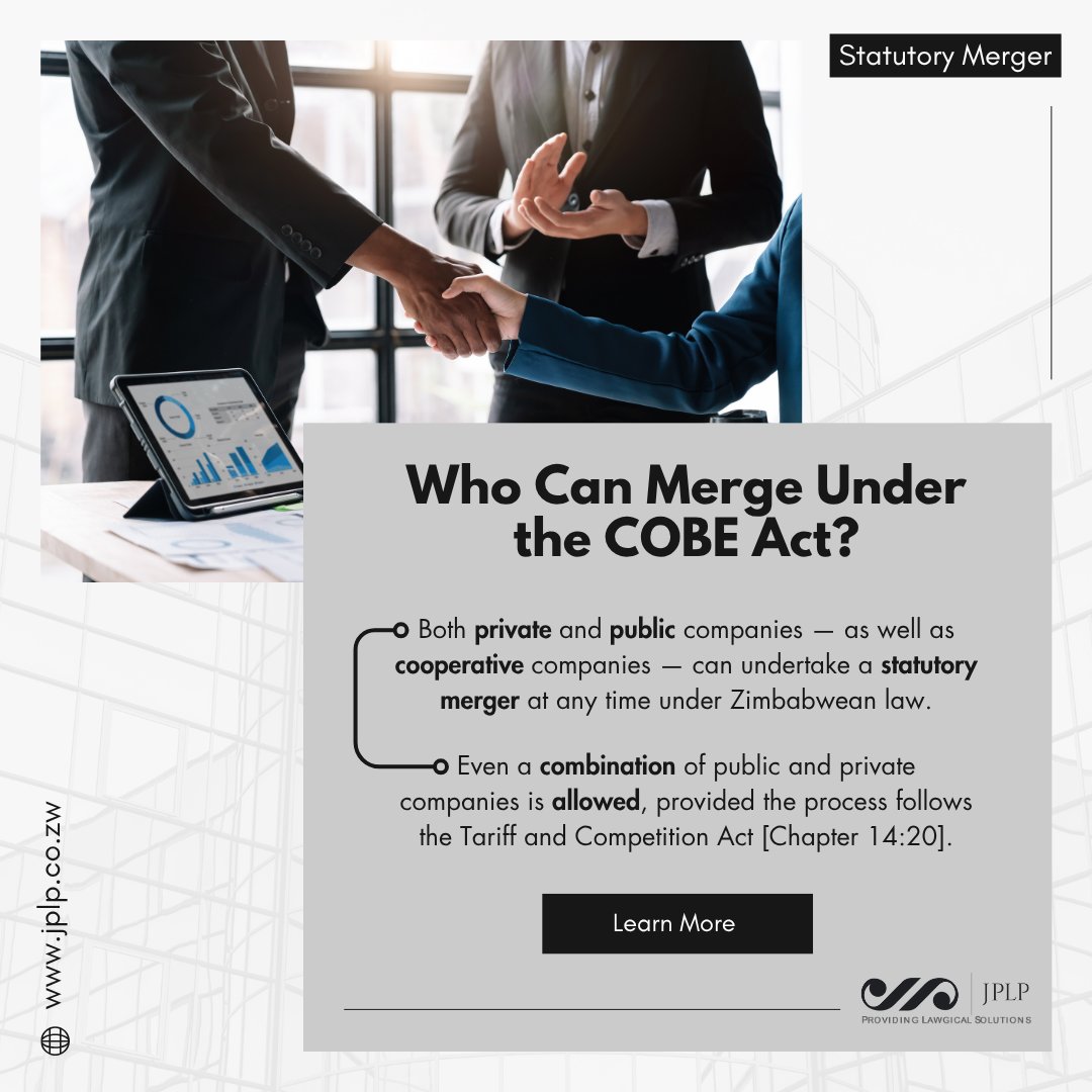 JPLP_Zim's tweet photo. Who Can Merge Under the COBE Act?
Learn More | https://t.co/A9lY0VrHxr
#StatutoryMerger #COBEAct #BusinessRestructuring #JPLP #LawgicalSolutions https://t.co/OIjsAqLZIe
