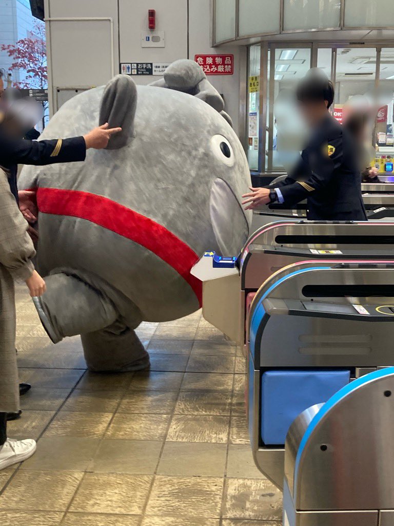 pengo3go's tweet image. たまプラーザ駅で告知用？に色々なポーズを取っていたのるるんにエンカ。
有名なたまプラ改札挟まるんの再現も披露してくれました〔=(:D

#のるるん
#挟まるん