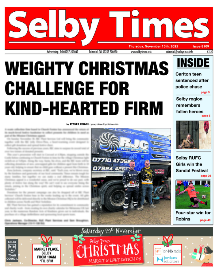 Amazing to see details of our #MissionChristmas Jolly Drive Thru on the front page of the Selby Times!
If you can support us, please get in touch office@rjcplantservices.com or come along on the 30th November when we'll be collecting gifts in Cawood &amp; Church Fenton!