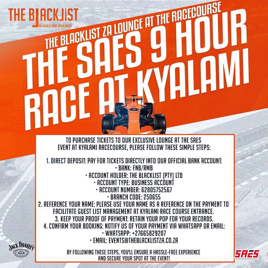 TheBlacklist_ZA's tweet photo. Hi Friends! 👊🏾🙋🏾‍♂️

We’re excited to share that The Blacklist ZA will have a lounge at the 9 Hours of Kyalami Race on Saturday 29 November 2025 🏁✨This platform will be extremely fun but most importantly will give us another opportunity to network and gain new connections🤝 https://t.co/6uOZRyH2lp