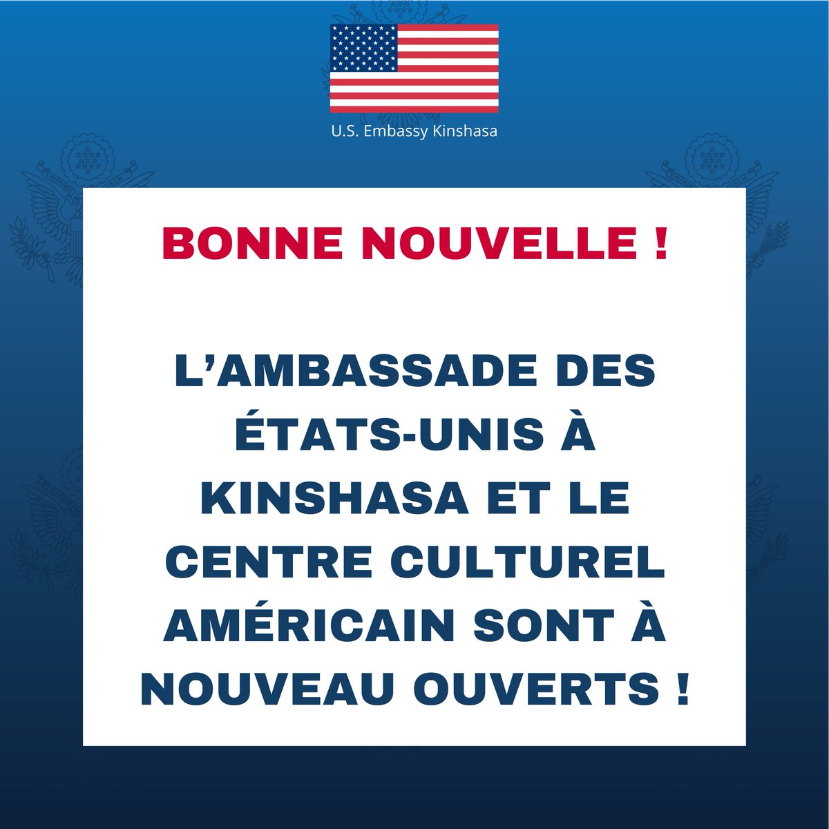 Nous sommes heureux d’annoncer que l’Ambassade des États-Unis à Kinshasa a repris ses activités normales ! Tous les Centres culturels Américains sont opérationnels, à l’exception de celui de Goma, qui reste temporairement fermé. Nous avons hâte de vous accueillir dans nos autres