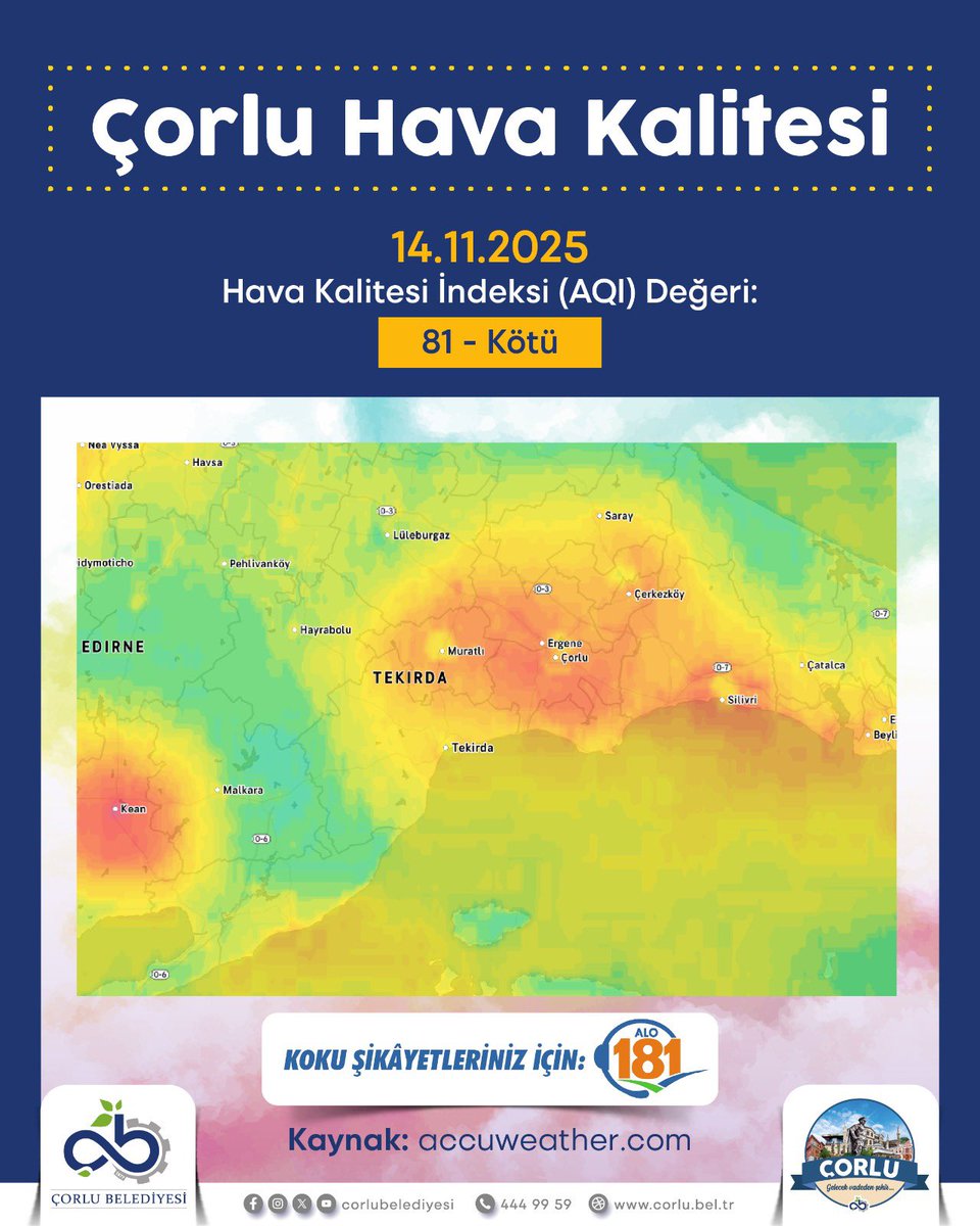 ❗️Çorlu’muzda bugün hava kirlilik düzeyi 81 olarak ölçüldü. Bu durum, hava kalitesinin olumsuz etkilendiğini gösteriyor. Daha temiz, daha yaşanabilir bir Çorlu için hep birlikte duyarlı olalım.

❗️Kentimizde hissedilen kötü kokuya ilişkin şikâyetlerinizi ALO 181 hattını arayarak