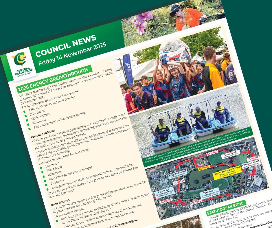 Here's our weekly roundup of news: centralgoldfields.vic.gov.au/14Nov2025
This week's wrap includes:
🥳 Energy Breakthrough - twilight celebration and road closures 
🏃‍♀️Upgraded facilities at Jack Pascoe Reserve 
📸Stat Meeting 
👋Positions Vacant