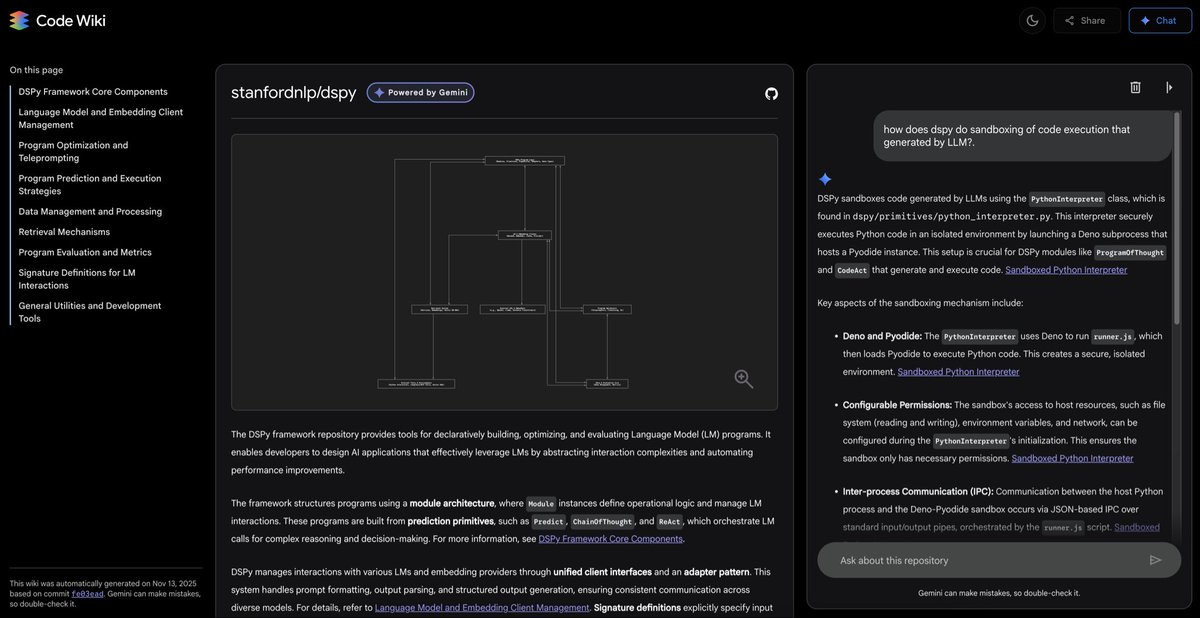 getpy's tweet image. Google launched codewiki 

Ask questions about your software architecture, find function definitions, and understand complex logic in natural language. It&apos;s like having an engineer on call, 24/7.

I tested it for DSPy and it&apos;s spot on in it&apos;s responses