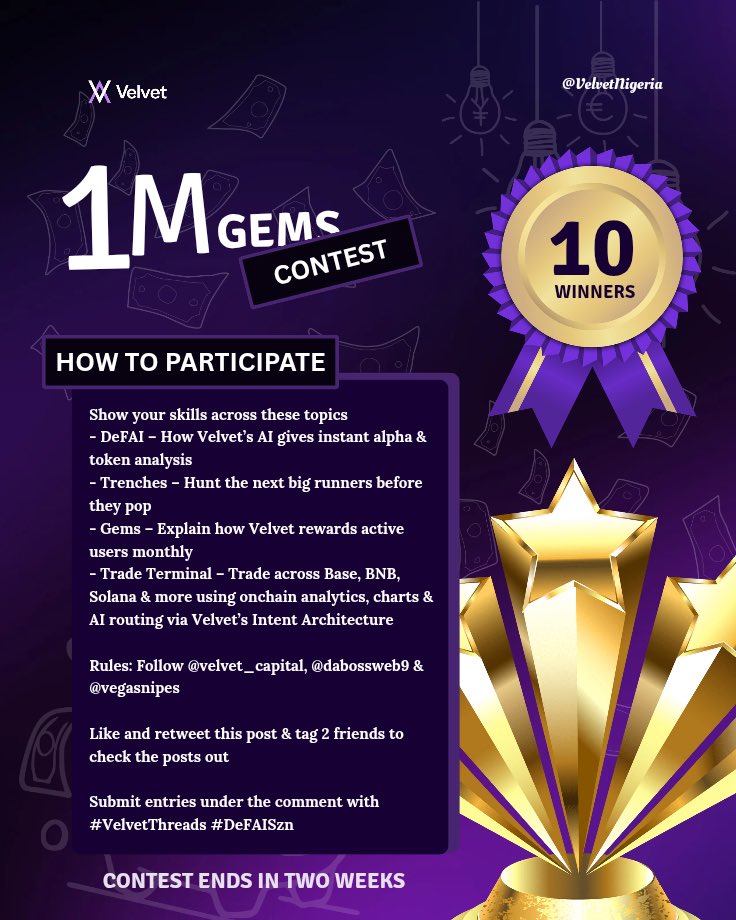 THREAD-TO-EARN IS LIVE with @velvet_capital 🧵

We’re dropping a 1M GEM prize pool for the top 10 Velvet thread writers. 

Think you’ve got the sharpest ideas? Prove it 👇

Write on all of this topics;

•DeFAI: How Velvet’s AI gives instant alpha &amp; token breakdowns
•Trenches: