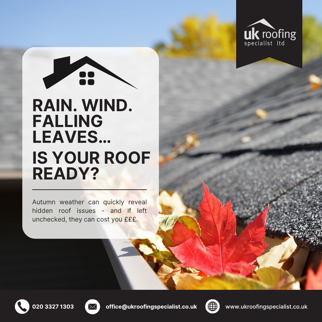 🍂💨 Rain, wind &amp; falling leaves… is your roof ready? 🏠⚠️
Autumn can expose costly roof issues.
UK Roofing Specialist has you covered:
✅ Free inspections
✅ Fast, reliable service
✅ Local experts
📲 Book today: ukroofingspecialist.co.uk | 020 3327 1303