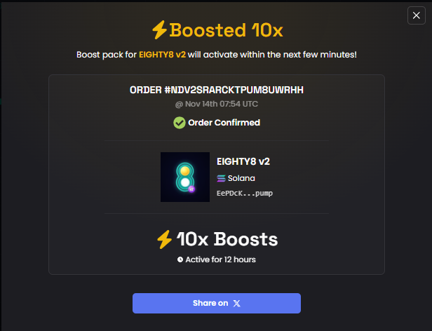 eighty8dotfun's tweet image. First 10x boost