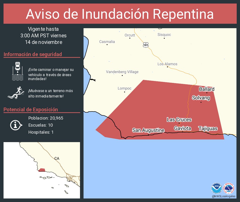 Aviso de Inundación Repentina continúa Solvang CA, Buellton CA, Santa Ynez CA hasta las 3:00 AM PST