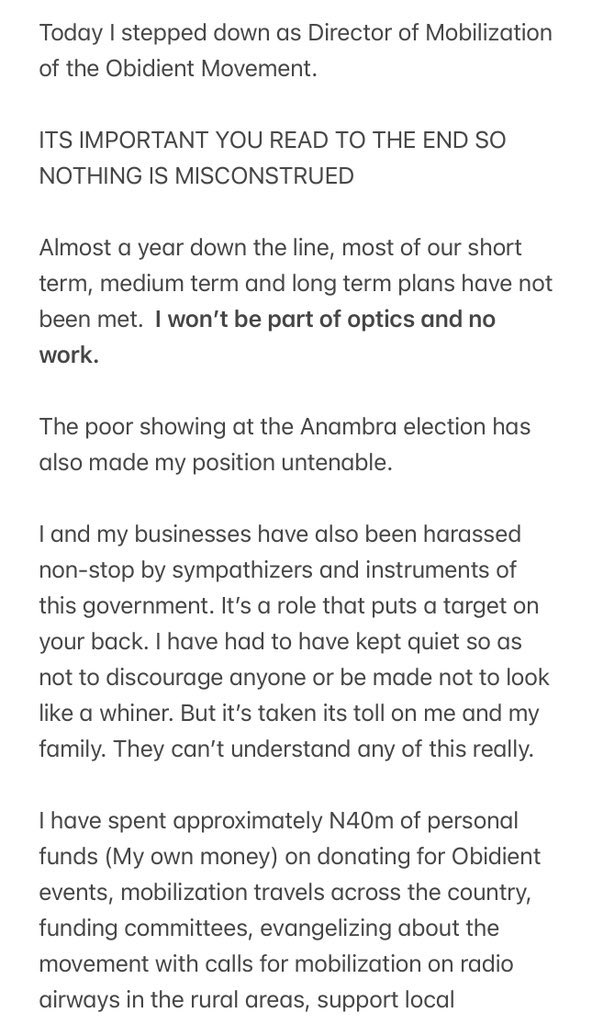 HighChiefOkoro's tweet image. The coward deleted the tweet.

Let’s save it.

RESIGNATION AS DIRECTOR MOBILIZATION, OBIDIENT MOVEMENT AND STRUCTURE.

— Morris Monye