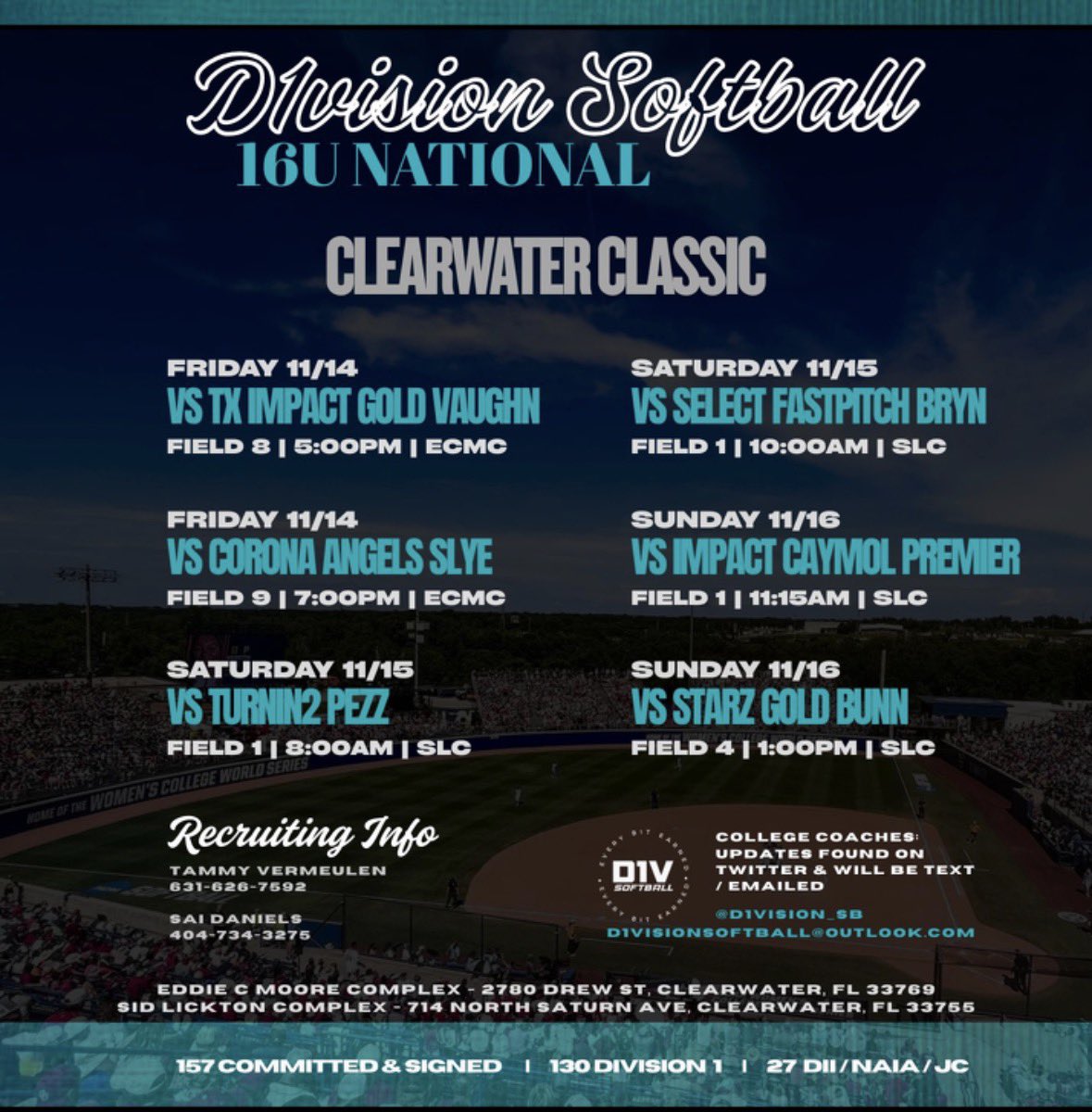 Clearwater Invitational starts today! Come see us ball out! <a href="/d1vision_sb/">D1VISION Softball</a> <a href="/JC_CoachTDEW/">Tori Dew</a> <a href="/ParkerConrad73/">Parker Conrad</a> <a href="/CoachRonFrost/">Coach Ron</a> <a href="/LionUpSoftball/">Southeastern Softball</a> <a href="/KateMalveaux/">Kate Malveaux</a> <a href="/AlliRobinson2/">Alli Robinson</a> <a href="/JulieBoland5/">Julie Boland</a> <a href="/JeffConrad10/">Jeff Conrad</a> <a href="/CoachCasey_HC/">Casey Chrietzberg</a> <a href="/drewfiala19/">Drew Fiala</a> <a href="/CiaraHanson_/">Ciara Hanson</a> <a href="/coach_higg/">Lauren Higginbotham</a> <a href="/CoachSims_JSU/">Hayley Sims</a> <a href="/BrookeOHair3/">Brooke Best-O'Hair</a>