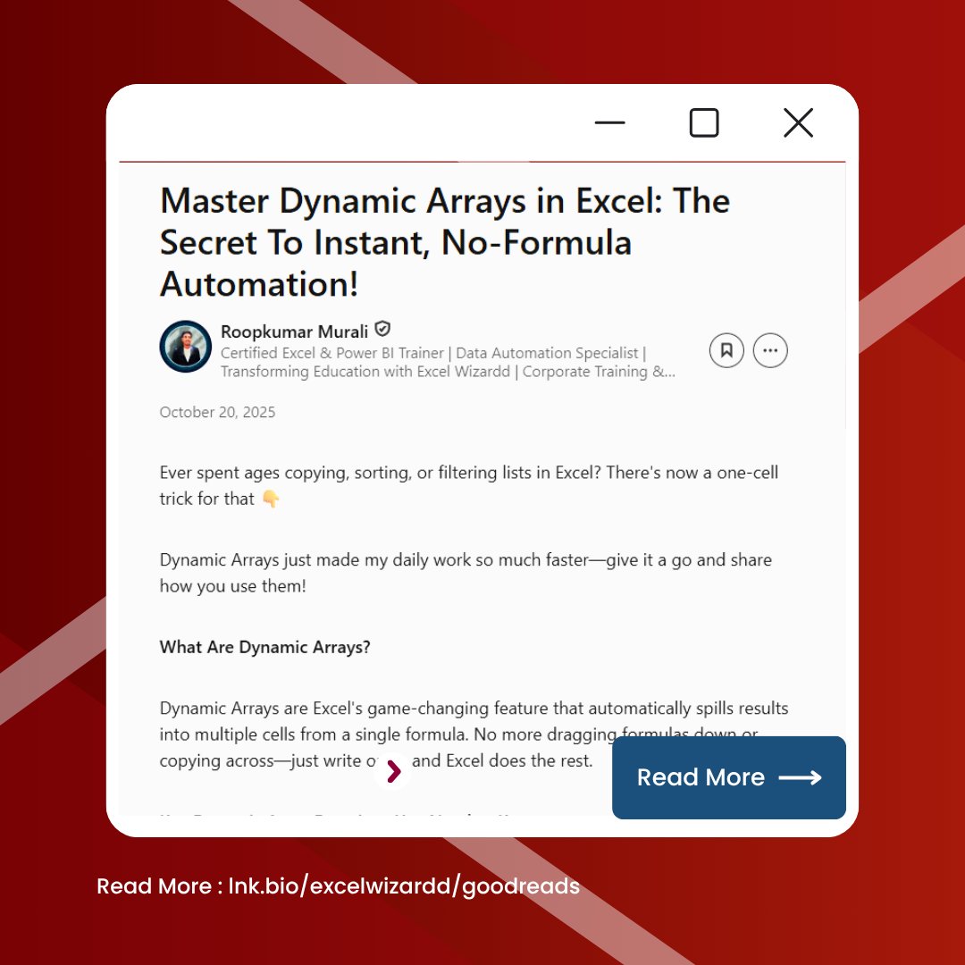 excelwizardd's tweet image. 💡 Every day, we share something new from the world of Excel — be it a tip, idea, or insight that makes you smarter at work.

🔗 lnk.bio/excelwizardd/g…

#ExcelTips #MicrosoftExcel #DataAnalytics #OfficeProductivity #ExcelWizardd
