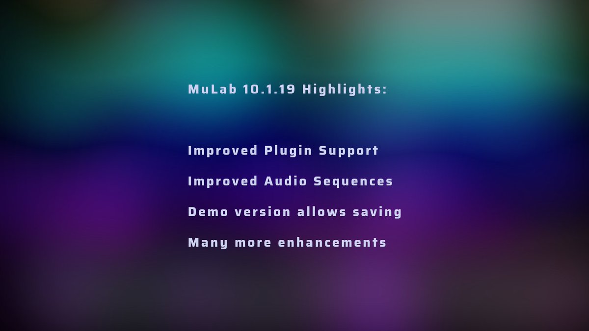MUTOOLS_com's tweet photo. MuLab 10.1.19 released:
Improved Plugin Support &amp; Plugin Manager
Improved Audio Sequences
Demo version now allows saving
Many more enhancements

See all detail on https://t.co/cUIhcNoJai

#DAW #modularsynth https://t.co/GztWMRHgAx
