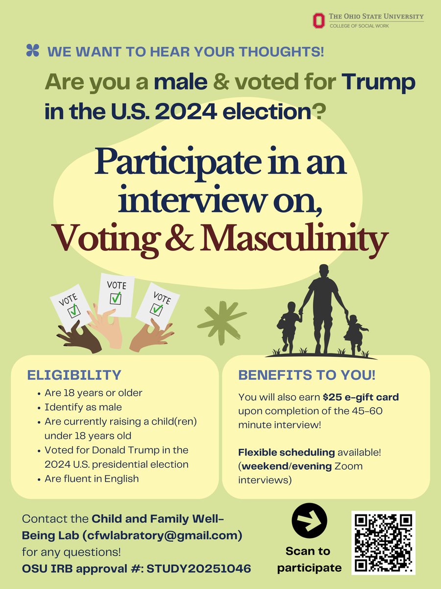 A collaborator of mine at OSU is looking for volunteers for a study on politics, masculinity, and fatherhood. Help them out and share with dads who might be interested!
