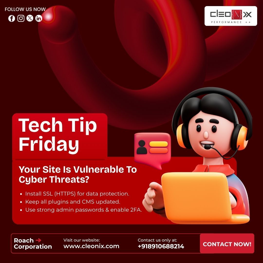 CleonixTech's tweet image. 🔐 Tech Tip Friday!

Is your website safe from cyber threats?
👉 Install SSL
👉 Update plugins &amp;amp; CMS
👉 Enable 2FA
Protect your data before it’s too late! ⚡

#TechTipFriday #CyberSecurity #WebSecurity #DataProtection #CleonixTech #DigitalSafety