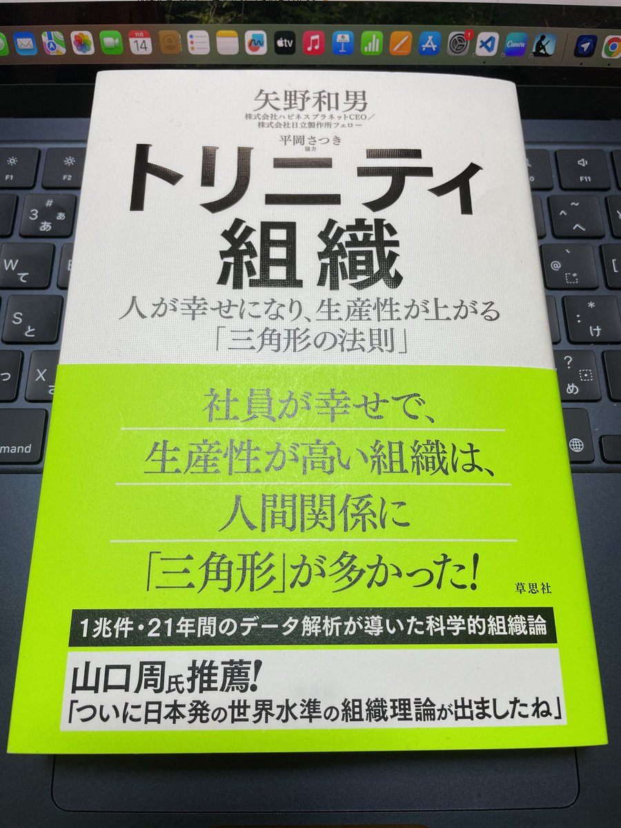 『トリニティ組織』
人が幸せになり、生産性が上がる「三角形の法則」
(矢野 和男 著、草思社)

✅自分の知り合い2人同士も知り合いなら関係は三角形
✅組織に三角形が多いと問題解決能力・生産性が向上
など、新たな組織理論の登場。もう少し深めてから試してみる。