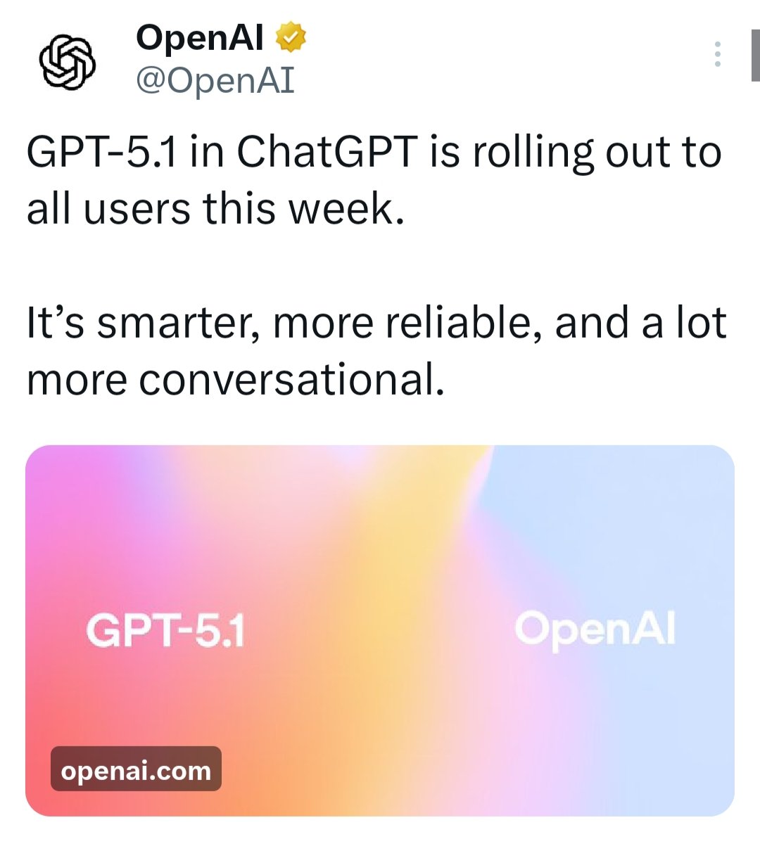 the_aiToolkit's tweet photo. GPT-5.1 is rolling out. Better answers. Better speed. Better conversations. https://t.co/zmZMB9ZUFb