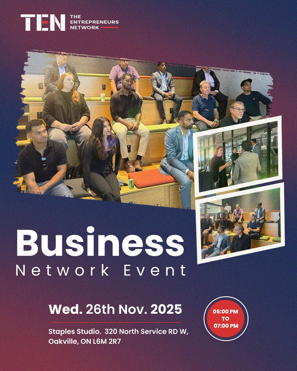 🚀 𝗬𝗼𝘂𝗿 𝗻𝗲𝘅𝘁 𝗯𝗶𝗴 𝗯𝗿𝗲𝗮𝗸𝘁𝗵𝗿𝗼𝘂𝗴𝗵 𝗶𝘀 𝘄𝗮𝗶𝘁𝗶𝗻𝗴! Connect, collaborate, and grow at TEN's Business Networking Event.

📅 Nov 26 | 🕔 5-7 PM 📍 Staples Studio, Oakville, ON
🔗 Reserve your spot: eventbrite.com/e/business-net…

#TEN #Networking #Oakville