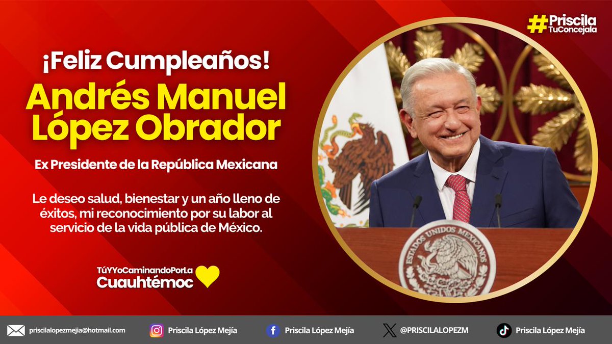 PRISCILALOPEZM's tweet image. Muchas felicidades Lic. Andrés Manuel López Obrador @lopezobrador_  que pase un dia inolvidable en compañía de sus seres queridos,  un fuerte abrazo desde el Corazón de México ❤️ @AlcCuauhtemocMx
#PriscilaConcejala 
Tú y Yo Caminando por la Cuauhtémoc ❤️