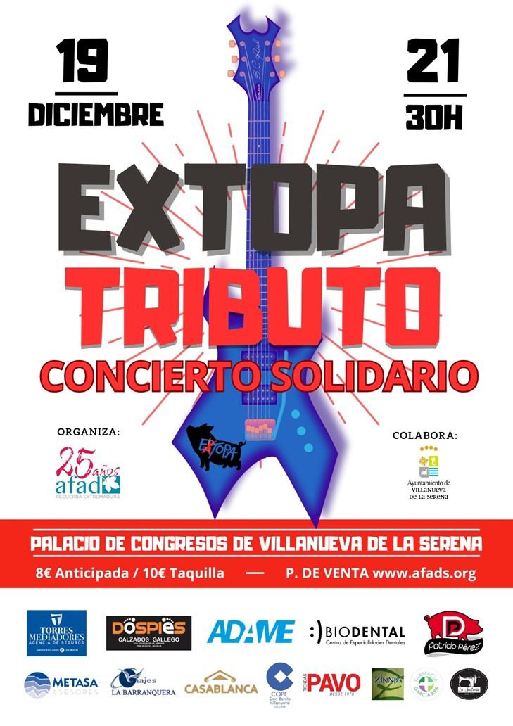 AFAD Recuerda Extremadura celebra su 25º aniversario con un concierto solidario de Extopa Tributo.
La cita tendrá lugar el próximo 19 de diciembre en el Palacio de Congresos de Villanueva de la Serena, donde la música se convertirá en vehículo de memoria y solidaridad.