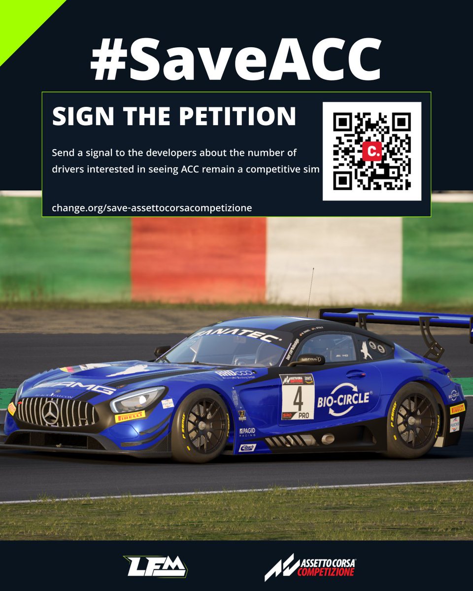 The ACC community has always been one of the strongest in sim racing. We have trained together, raced together and experienced many amazing events over the past years. This petition is our collective voice to send a signal that we, as a community, want ACC to remain. 
Sign the