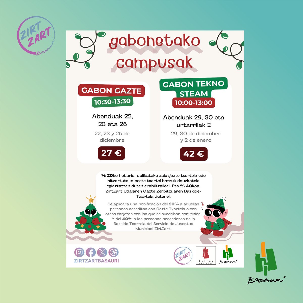 🎄El próximo lunes se abre el plazo para apuntarse a los campus de navidad que ordanizamos desde el servicio de juventud Zirtzart.

🪅En el siguiente enlace encontrareis toda la información sobre las ofertas: zirtzart.basauri.eus/es/noticias

@basaurikoudala @kulturbasauri #zirtzart
