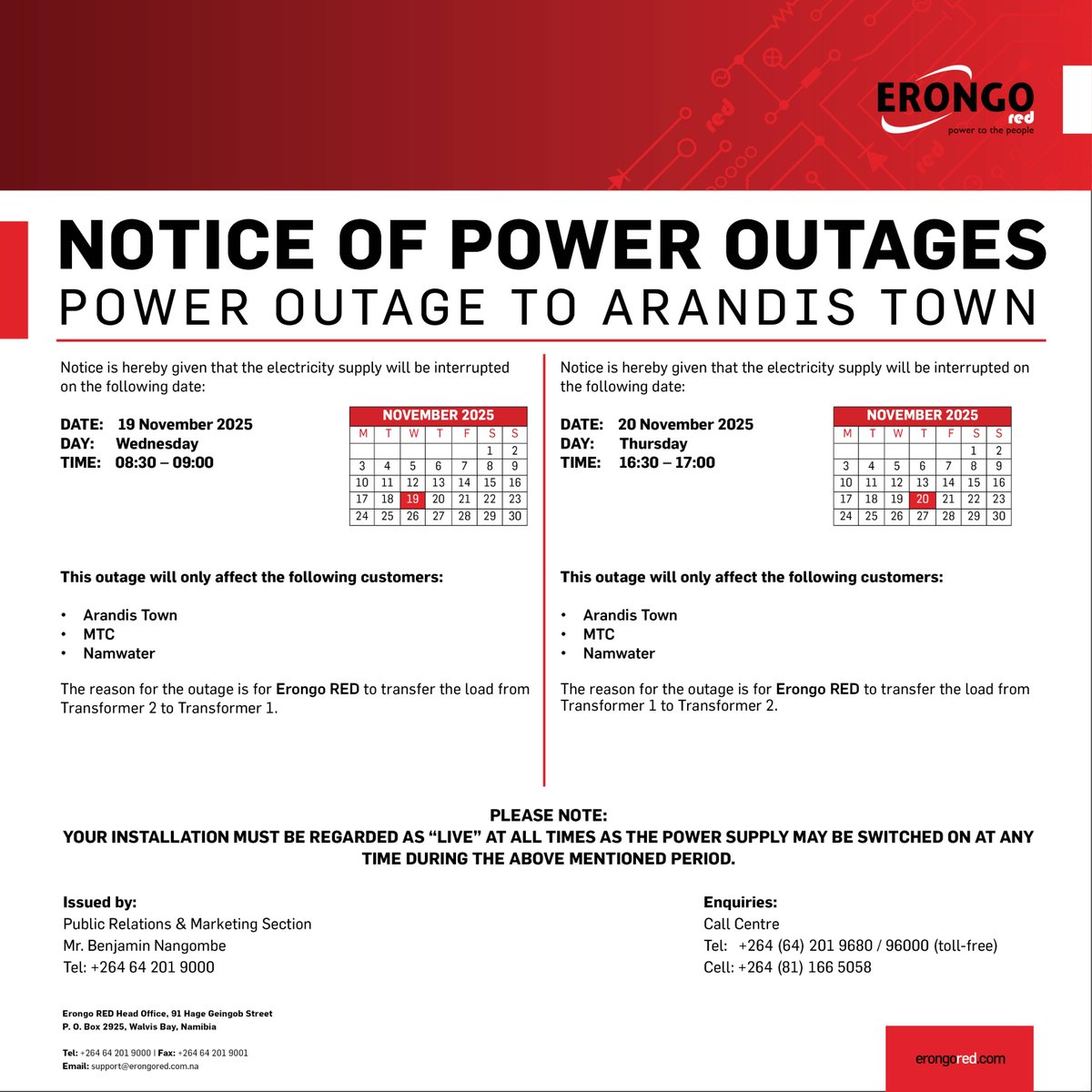 NOTICE OF POWER OUTAGES