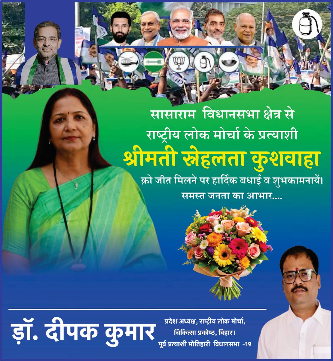 DrDeepakkumar_'s tweet image. सासाराम विधानसभा क्षेत्र से राष्ट्रीय लोक मोर्चा की नेत्री एन डी ए प्रत्याशी श्रीमती स्नेहलता जी क़ो प्रचंड जीत मिलने पर हार्दिक बधाई व शुभकामनायें।
समस्त जनता का आभार  🙏

डॉ.दीपक कुमार 
प्रदेश अध्यक्ष, राष्ट्रीय लोक मोर्चा, चिकित्सा प्रकोष्ठ, बिहार।
मोतिहारी विधानसभा - 19…