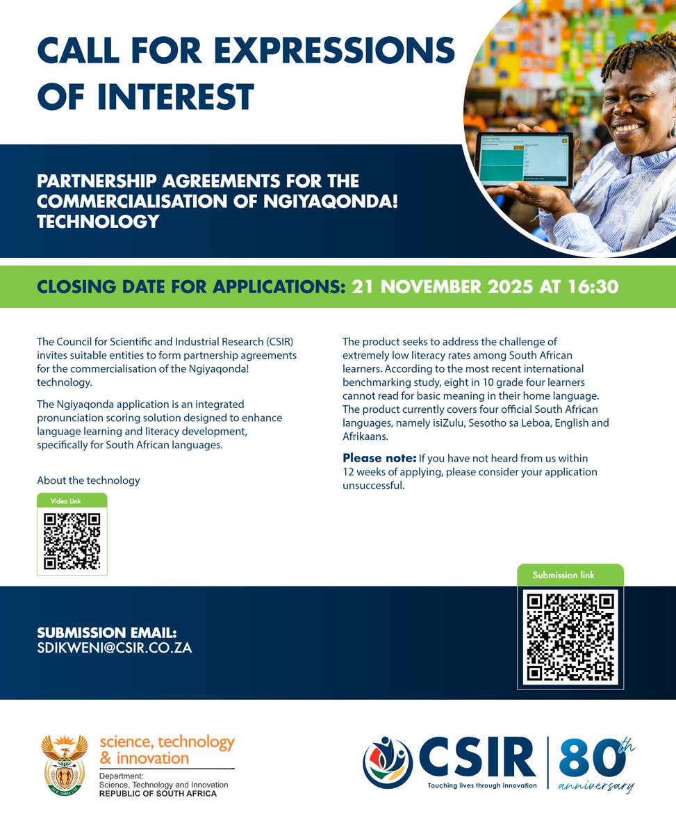 CSIR's tweet image. Call for Expression of Interest #EoI for partnership agreements for the commercialisation of Ngiyaqonda! technology
📅 Closing date for applications: 21 November 2025
🔗 csir.co.za/work-with-us/f…