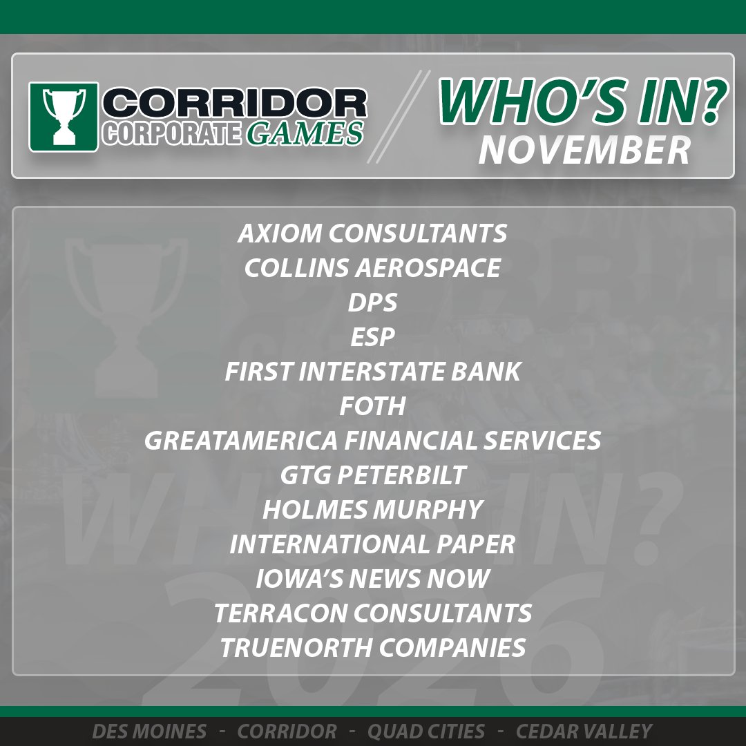Happy Friday! It's only November, but we're always thinking about the summer. Here's WHO'S IN so far - registering early!

Join that list here - corridorcorporategames.org