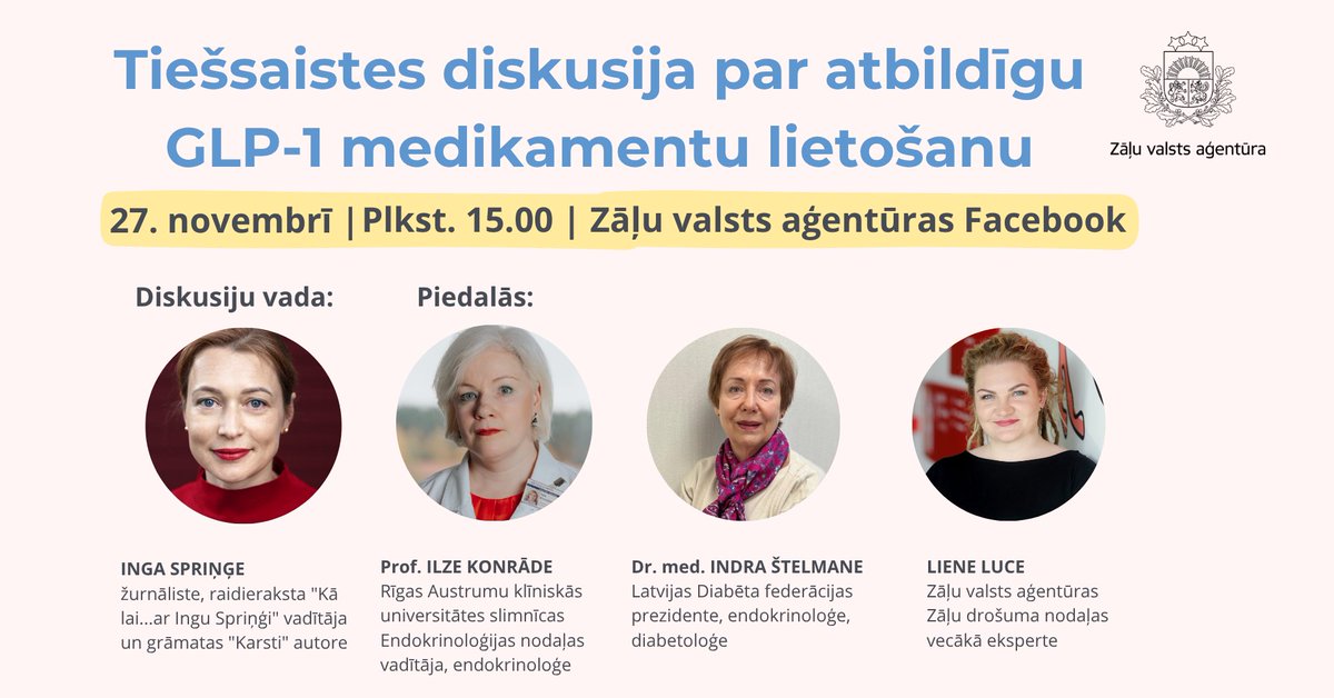 🗓️ 27.11. plkst. 15.00 pievienojies diskusijai par GLP-1 medikamentu atbildīgu lietošanu. 🩺

Diskusijas laikā ikvienam skatītājam būs iespēja ekspertiem uzdot savus jautājumus čatā.

 Piesakies diskusijai jau tagad👉 facebook.com/events/1892992…