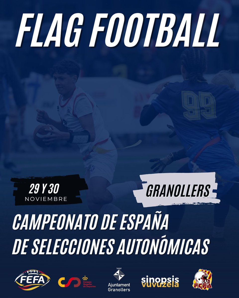 🏈🇪🇸 Todo listo para el Campeonato de España de Selecciones Autonómicas de #FlagFootball
📍 Granollers (29-30 nov)

Ya tenemos equipos y horarios confirmados en todas las categorías 🏆 U11 | U13 | U15 | U17 | Sénior (M/F)

📲 fefa.es/definido-el-ca…

#ConéctatealFootball🏈 #FEFA