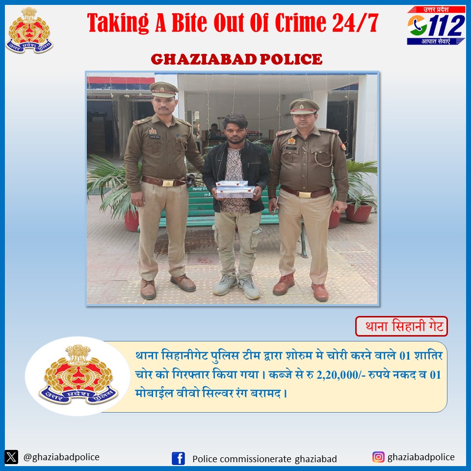 ghaziabadpolice's tweet image. थाना सिहानीगेट पुलिस टीम द्वारा शोरुम मे चोरी करने वाले 01 शातिर चोर को गिरफ्तार किया गया । कब्जे से रु 2,20,000 रुपये नकद व 01 मोबाईल वीवो सिल्वर रंग बरामद ।
@Uppolice