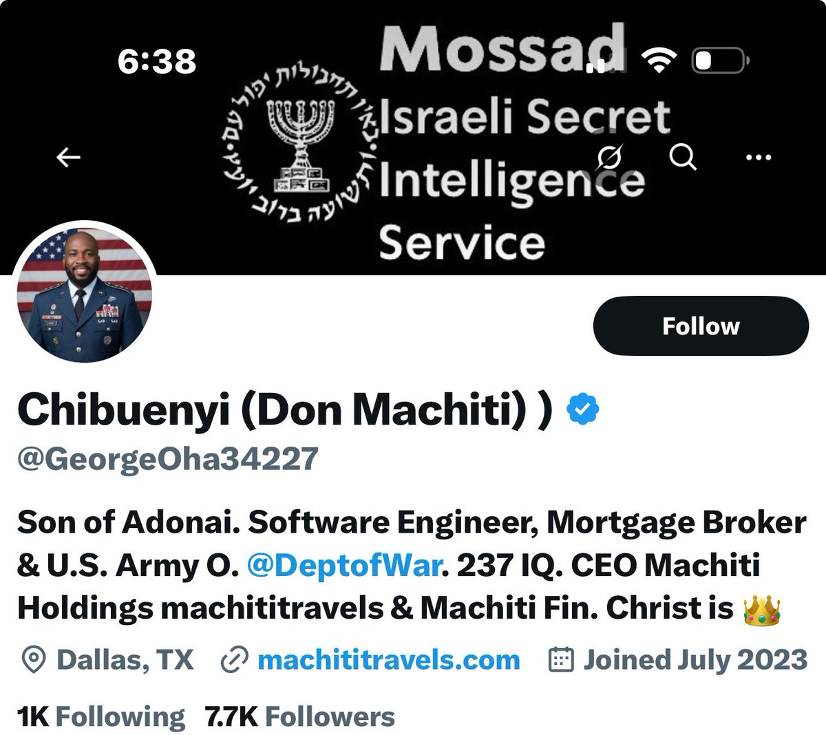 Verdict: Imposter. Fake Us Army! 

1. Uniform &amp; Rank Mismatch
   The photo shows a U.S. Air Force uniform (blue service dress).  
 The shoulder boards are black with no insignia, not standard for any officer rank. Real officers wear silver or gold rank (e.g., lieutenant bars,