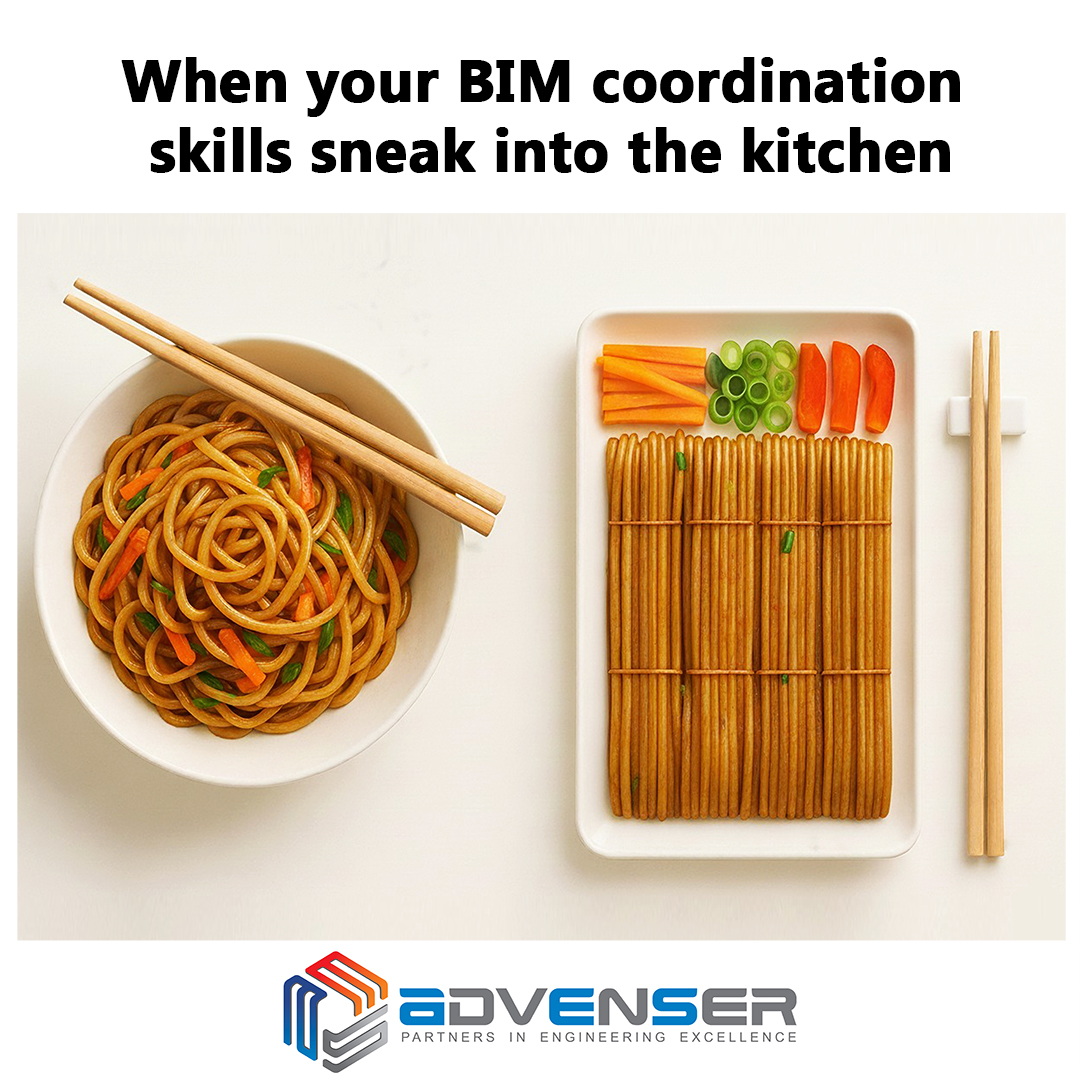 advenser's tweet image. Noodles: “Can we just be 🍜noodles?”
BIM brain: “No. You will be a well-coordinated 📐multi-disciplined masterpiece.”
Result: Dinner that looks ready for a client walkthrough. 
#BIMcommunity #BIMworkflow #BIMcoordination #Noodle #BIM #Chefmode  #BIMservices #Advenser
