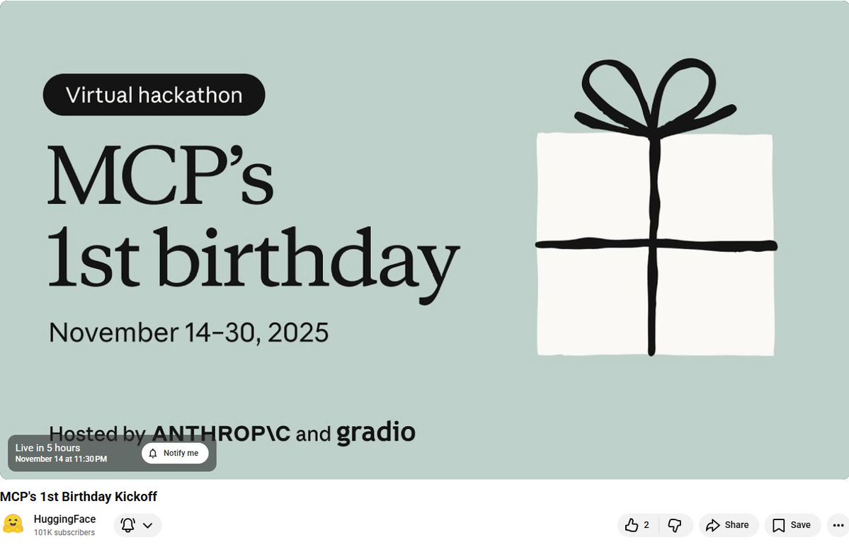 Gradio's tweet image. Join us LIVE at MCP&apos;s first Birthday kickoff at 10 am PT today!🎂

Don&apos;t miss out on details about the celebration from the co-hosts, @Gradio and @AnthropicAI.

🔥 We&apos;ve also got an exciting lineup of speakers from @Huggingface, @OpenAI, @GoogleDeepMind, @modal, @blaxelAI,…