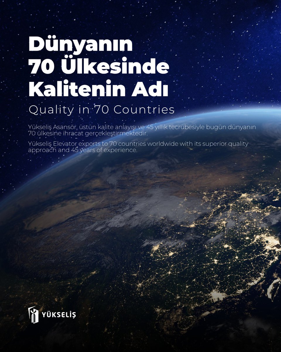 🌍 Dünyanın 70 Ülkesinde Kalitenin Adı
Yükseliş Asansör, üstün kalite anlayışı ve 45 yıllık tecrübesiyle bugün dünyanın 70 ülkesine ihracat gerçekleştirmektedir.

#yükseliş #elevator #asansör #ascenseur #aufzug #elevadores #lift #export #business #b2b #world #brand #quality