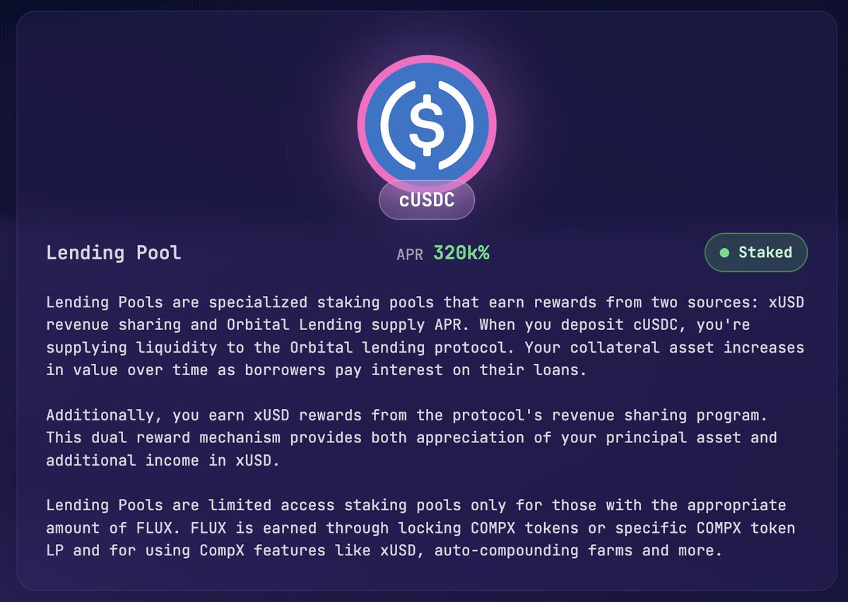 Compxlabs's tweet image. $USDC staking with revenue share + lending rates?

You got it!

Introducing our new $cUSDC staking pool. 

1. Deposit your $USDC on Orbital Lending to receive $cUSDC collateral tokens
2. Bring those tokens to CompX Core and stake your $cUSDC in the pool.

- Earn 10% of our $xUSD…