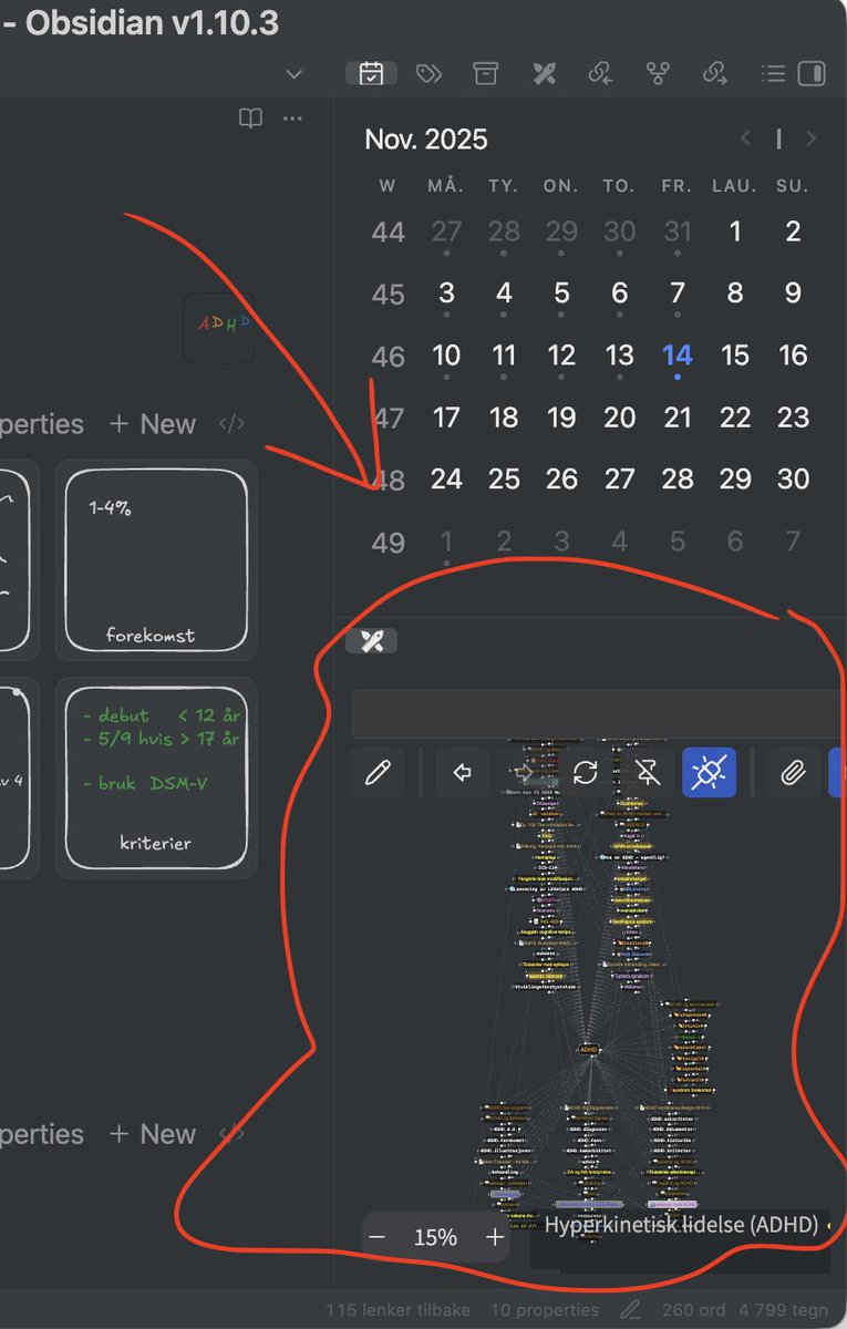 Excalibrain, here as an alternative to the built-in graph in Obsidian. This screenshot probably reveals how it is not intended to be used🥲. But even in this format - as a side-loaded microvisual, I think it conveys so much information? 😃 <a href="/obsdmd/">Obsidian</a> <a href="/zsviczian/">Zsolt Viczián</a>