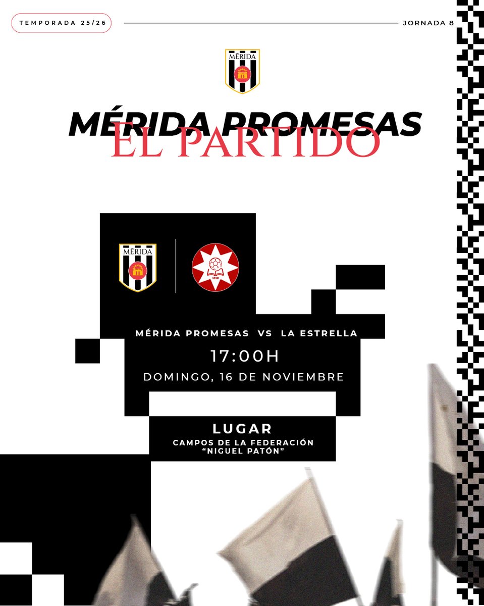⚪️⚫️ 𝐄𝐋 𝐏𝐀𝐑𝐓𝐈𝐃𝐎 | #MéridaPromesas 

🆚 <a href="/UCLaEstrella/">☆ UC LA ESTRELLA ☆</a> 
⏰ 17:00h
📅 Domingo, 16 de noviembre
🏟️ Campos de la Federación 'Miguel Patón'

🎫 Precios Entradas: 
Abonados: 𝐆𝐑𝐀𝐓𝐈𝐒
No abonados: 𝟓 𝐞𝐮𝐫𝐨𝐬

ℹ️ Disponibles en el acceso a Los Campos desde las 16:00 horas
