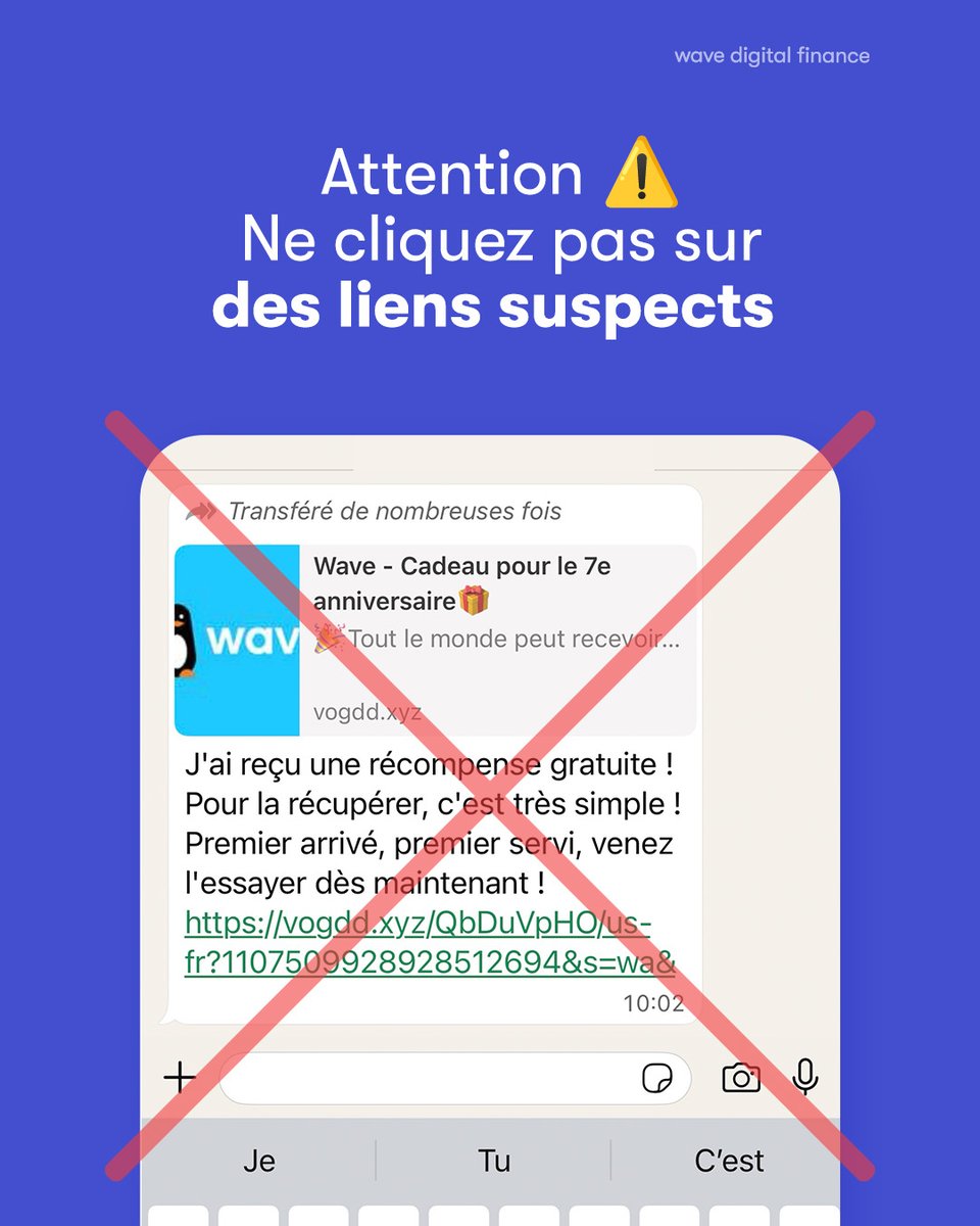 WaveSenegal's tweet image. ⚠️ Attention aux faux messages qui circulent. Wave ne célèbre pas son 7e anniversaire !
👉 Cette information est fausse : nos communications ne se font que sur nos pages officielles.
Restez vigilants et ne cliquez sur aucun lien suspect. 💙

#Waveko #Sécurité