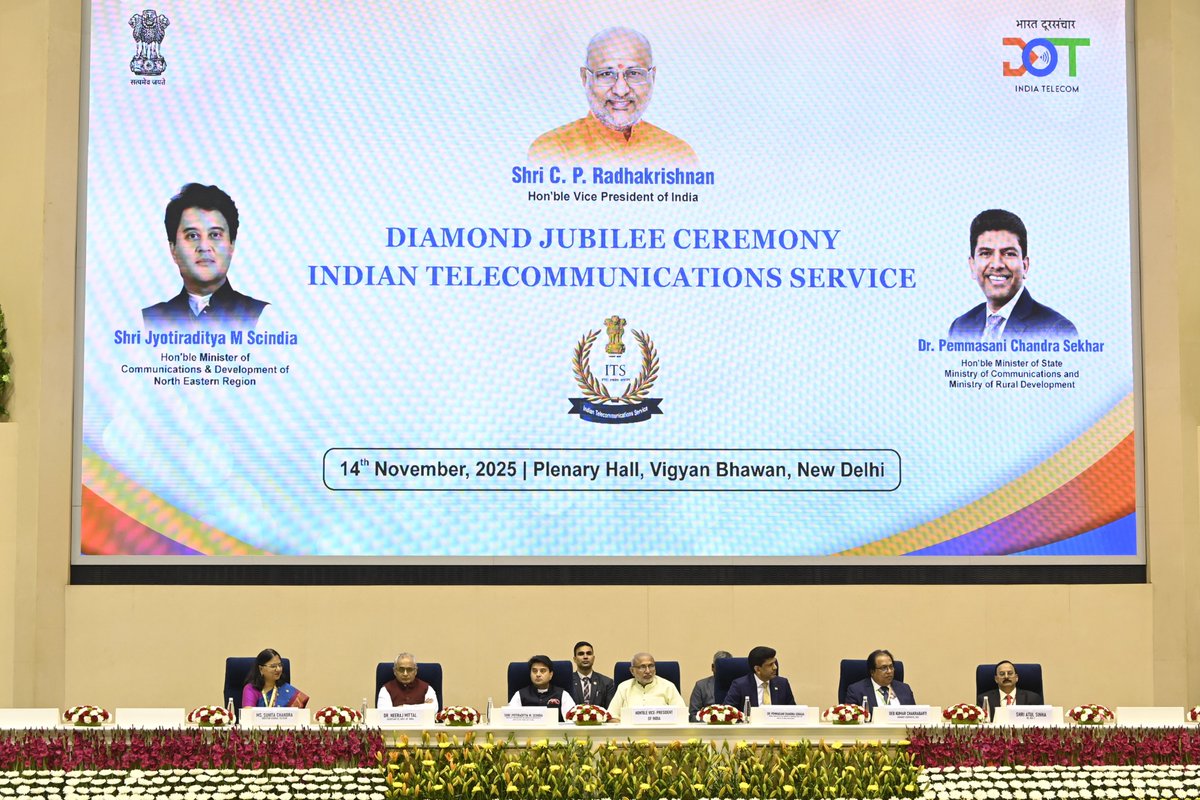 VPIndia's tweet image. Hon’ble Vice-President Shri C. P. Radhakrishnan graced the Diamond Jubilee Ceremony of the Indian Telecommunications Service (ITS) today at Vigyan Bhawan, New Delhi. 

Reflecting on the journey of 60 years, the Vice-President recalled the days when a telephone connection was a…