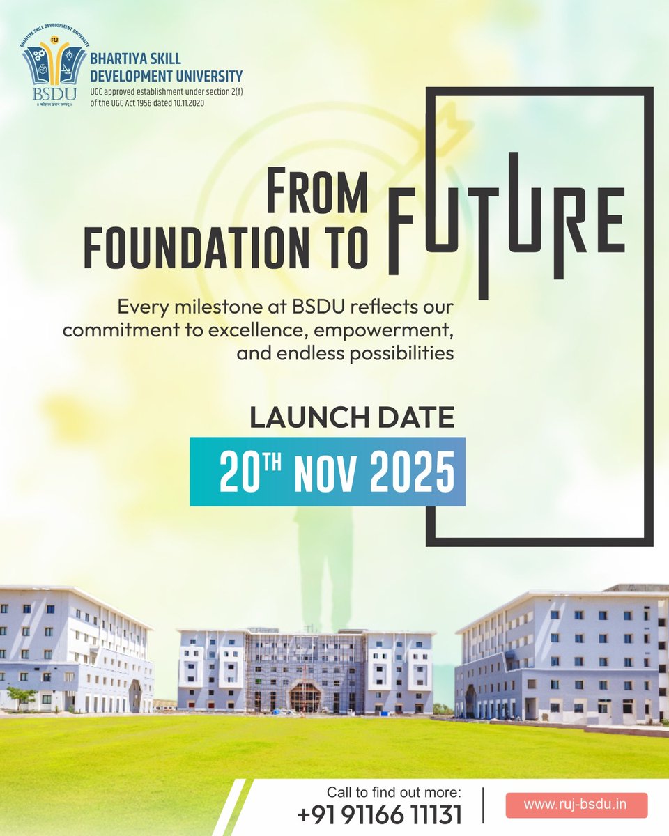 What began as a vision is now a landmark. BSDU’s new campus stands tall — a symbol of progress, purpose, and pride.

📞 Call now: 91166 11131
🔗 Apply Now: ruj-bsdu.in

#BSDUJaipur #Bvoc #BSDUSkills #nextGeneration #SkillDevelopment