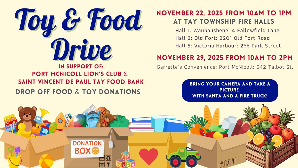 🎁🍽️🎄 Support the Toy &amp; Food Drive with Tay Fire, St. Vincent de Paul, and Port McNicoll Lions Club!
📍Nov 22, 10 a.m.–1 p.m. at Tay Fire Halls
📍Nov 29, 10 a.m.–2 p.m. at Garrette's Convenience
➡️ Details: tay.ca/events