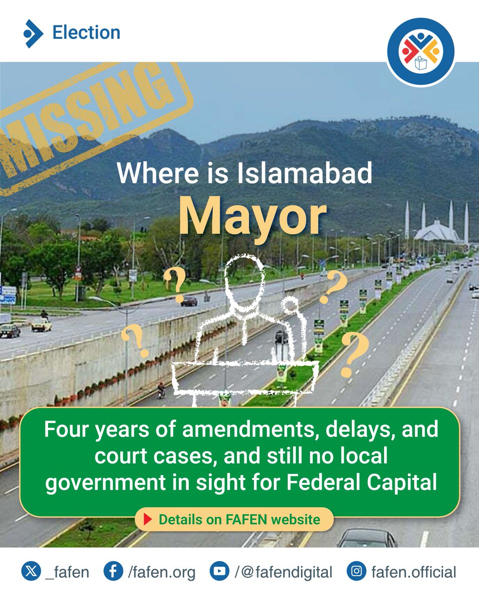 _FAFEN's tweet image. Four years, three laws, and multiple postponements delayed Islamabad’s much-awaited local government elections.
Read FAFEN’s latest story to know what’s holding up the Islamabad local government polls.
fafen.org/islamabad-loca…
#Islamabad #LocalGovernance #Elections #FAFEN…