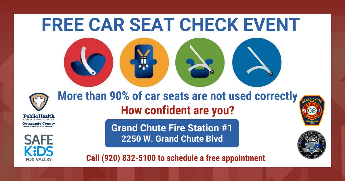 GrandChuteFire's tweet photo. Next week Thursday is our monthly car seat check event. 
Appointments are required and can be made by calling Outagamie County Public Health at 920-832-5100.

#carseatsafety #carseatcheck #carseats https://t.co/fNk7LDkb5V