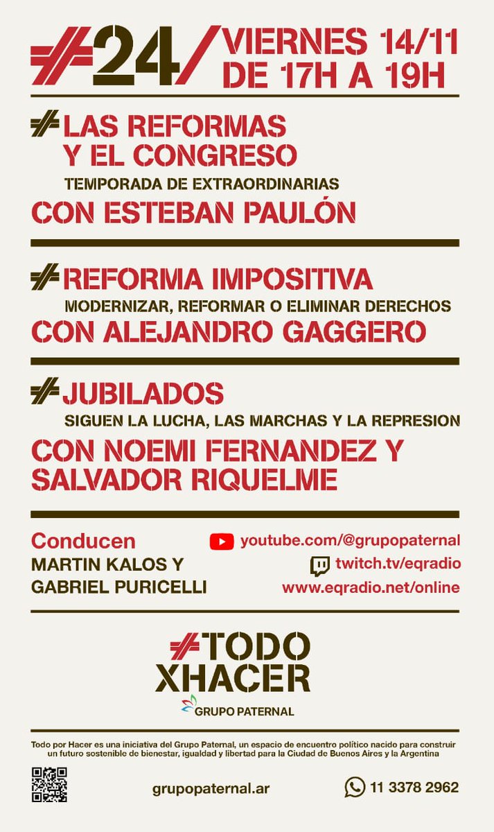 Hoy 17h, en #TodoXHacer charlaremos con <a href="/EstebanPaulon/">Esteban Paulón</a> sobre las reformas y el Congreso.
Alejandro Gaggero analizará la reforma impositiva. 
Y conversaremos con Noemí Fernández y Salvador Riquelme,  jubilados que marchan cada miércoles. 
Conducen <a href="/martinkalos/">Martín Kalos</a> <a href="/SoyPuri/">Xi Pi-wai</a>