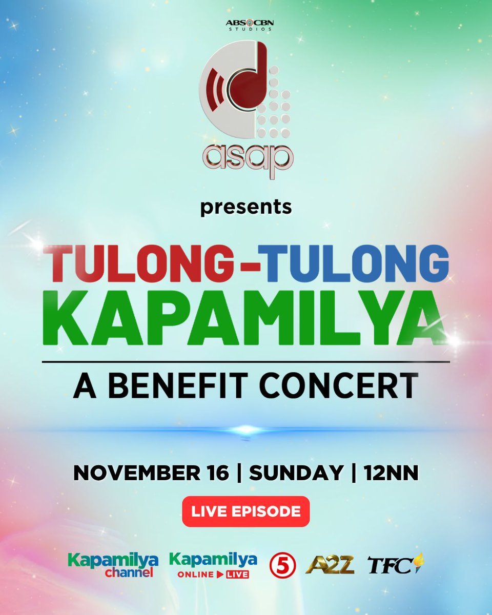 KapamilyaTFC's tweet photo. Sama-sama nating ibahagi ang pag-asa! ๐ #ASAP presents โ#TulongTulongKapamilya: A Benefit Concert"
Isang handog na musika, malasakit, at pagtutulungan para sa ating mga Kapamilya na nangangailangan. โจ
Abangan ngayong November 16, Sunday sa #ASAP!
#BenefitConcert #ASAP30 #TFC https://t.co/D1zEbJ8KCw