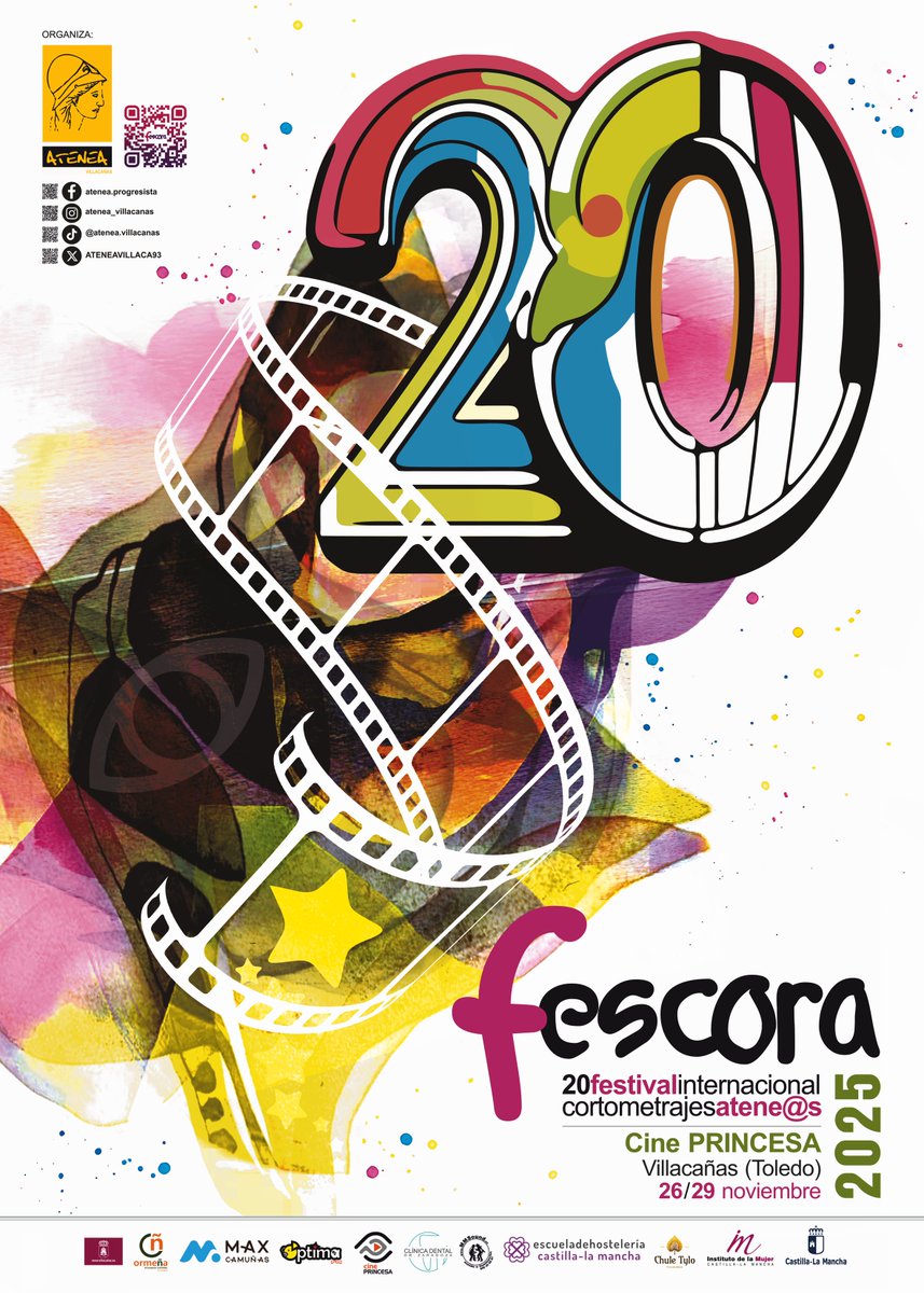 fescora's tweet photo. 🎬 Os presentamos el cartel de FESCORA 2025, la que será una edición muy especial del Festival Internacional de Cortometrajes "Atene@s" porque cumplimos 20 años 🎂 https://t.co/qLtRzX0Jne