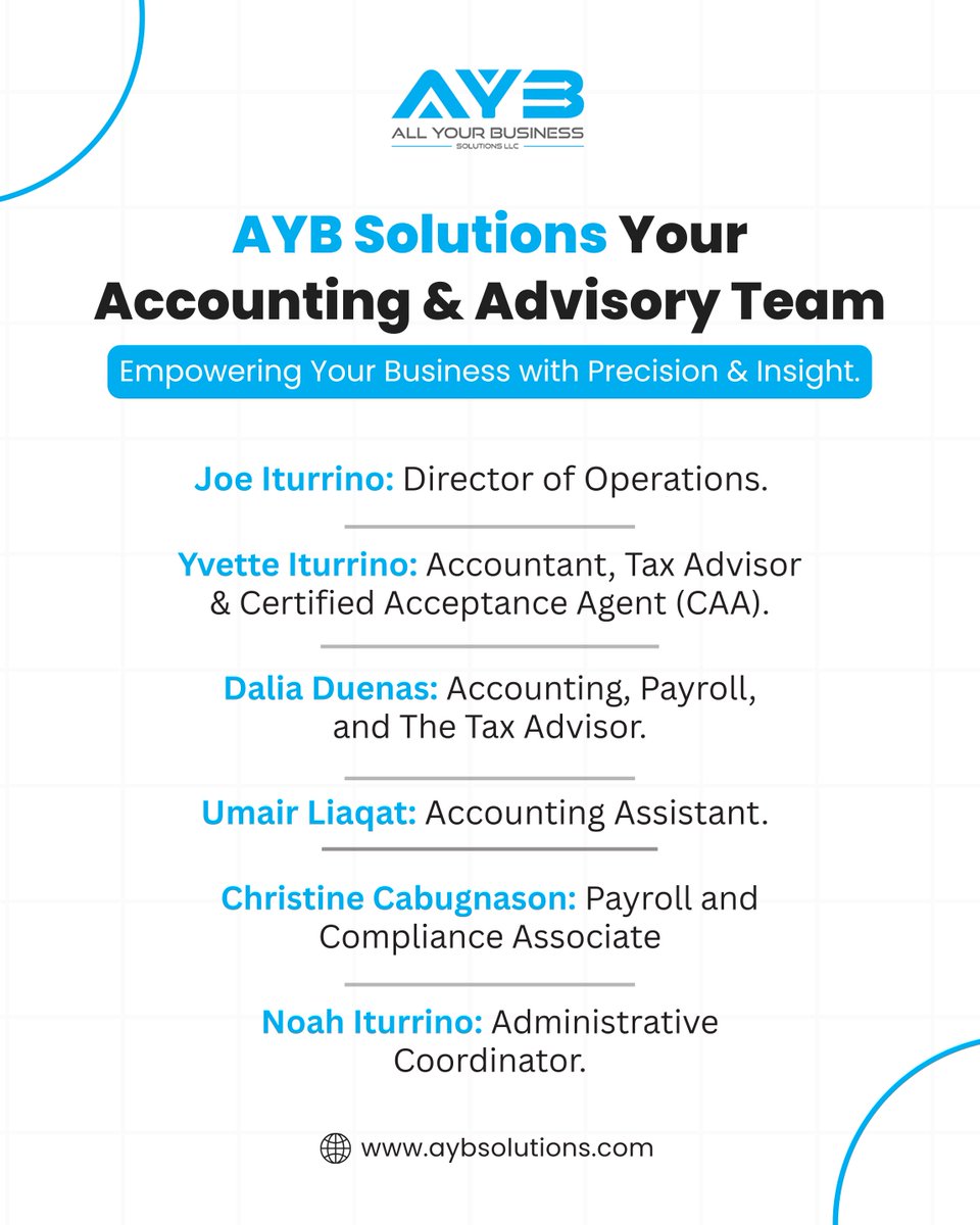 AYBSolutions's tweet image. Your trusted partners in business finance.

Meet the AYB Solutions team! We bring clarity and care to your accounting, bookkeeping, and tax services, helping your Orlando business thrive.

📱407-749-1120
🔗aybsolutions.com

#businesssolutions #accountingservices #taxhelp